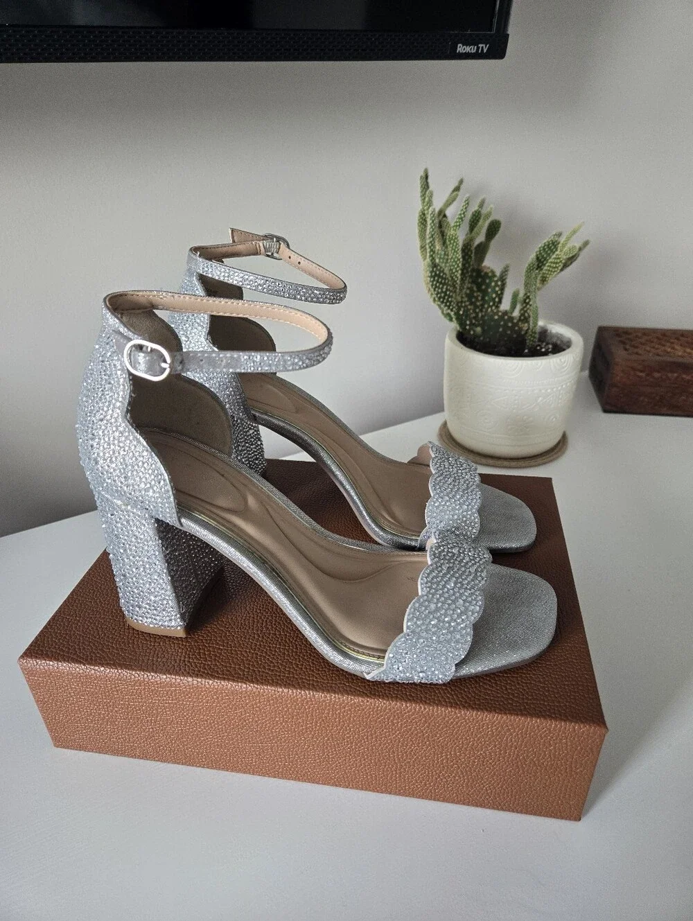 Katie & Kelly Sparkling Silver Rhinestone Ankle-Strap Block Heel Sandal (NEW) - Picture 7 of 14